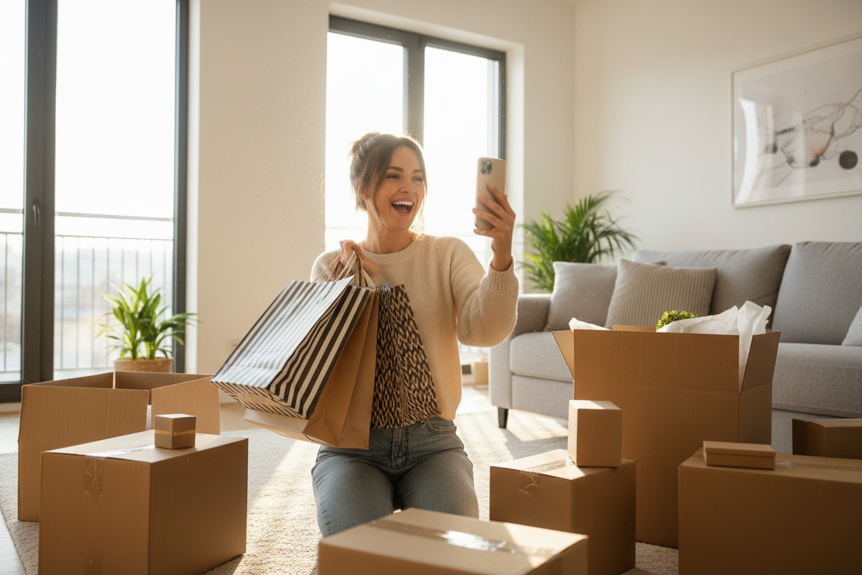 An online shopper who is very happy with her purchase