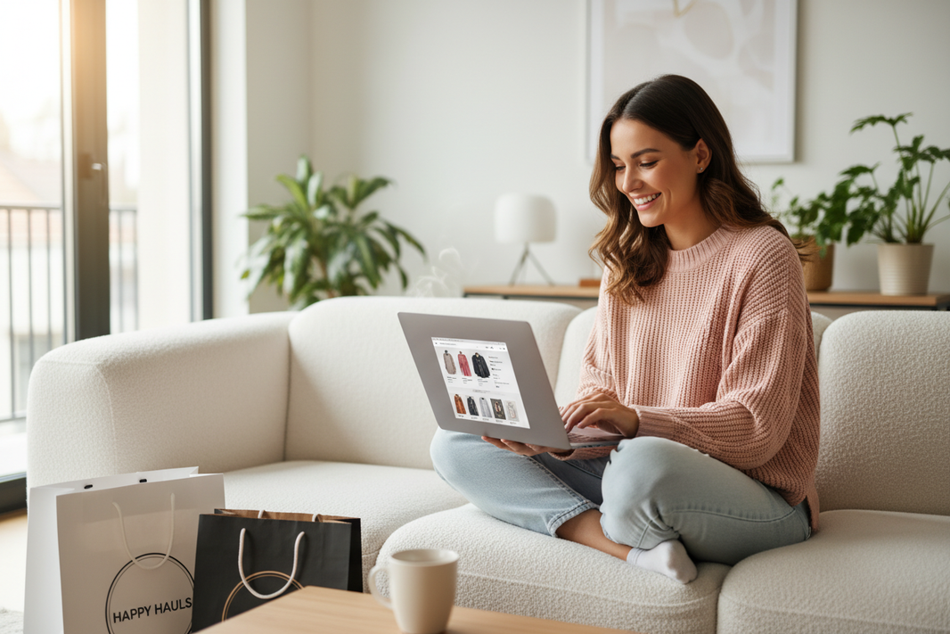 image of a happy online shopper shopping on macbook
