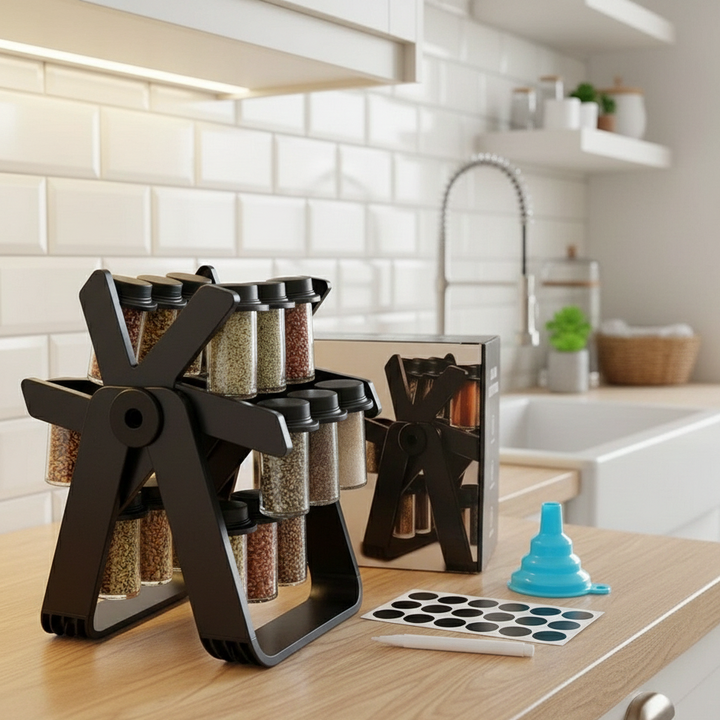 360° Rotating Kitchen Spice Rack – 18 Glass Jars